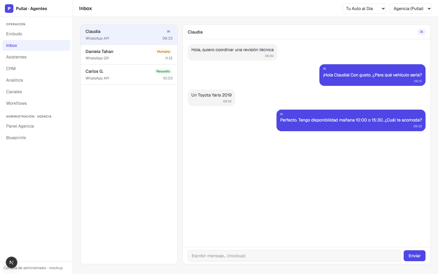 Inbox: la conversación de cada cliente con opción de tomar el control